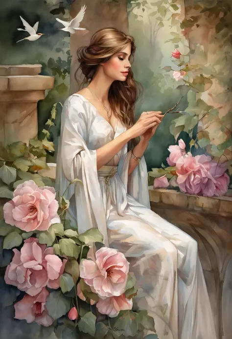 The man below is standing, Gives a flower, The woman, sitting on the ledge, Flowers, Long flowing fabric for dress, clear facesMagalie Villeneuve, magali villeneuve, inspired by Magali Villeneuve, graphic artist magali villeneuve, magali villeneuve and mon...