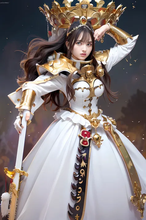 (masutepiece), Professional , ​masterpiece、top-quality、photos realistic , depth of fields ,（Wind element），tornado，Lightning，（Gemstone Silver Metal Body:1.９),(Matte White、 Gold Weapon_（Metal:1.４),Gorgeous metal weapons , Detailed Sword of the Brave , Beauti...