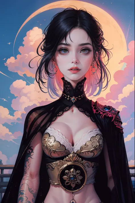 (Best quality) (master piece ) perfect face. En un hermoso parque una mujer de aspecto moderno. It has a very colorful and striking kawaii gothic style.., con un maquillaje elegante y una peluca colorida. ((cabello arco iris))