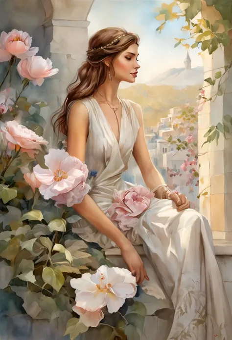 The man at the bottom is standing, Gives a flower, The woman, Sitting on the ledge, Flowers, Long flowing fabric for dress, clear facesMagalie Villeneuve, magali villeneuve, inspired by Magali Villeneuve, graphic artist magali villeneuve, magali villeneuve...