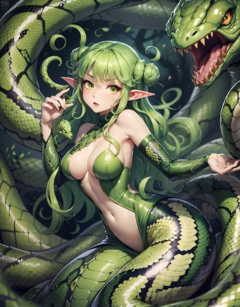 detailed snake skin、Cartoon photo of woman with green dress and green tail、anime monster girl、lamia、Hot reptiles、humanoid woman、tatsumaki with green curly hair、tentacle beasts、Polychaetes、Monster Girl、Snake Pose、Tentacle monsters、detaile。animesque。tentacul...