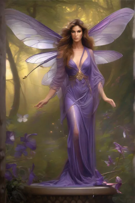 an incredibly beautiful -purple-fairy-resembling-a-young-Cindy-Crawford-fully body shot, with-dragonfly-wings, Hazel eyes, long Brown hair, hot tight Purple transparent , dress, , provocative, kneels-on-a-golden pedestal, flawless beauty, fantasy