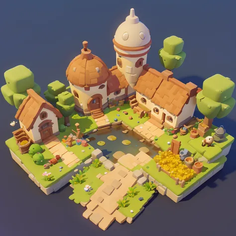 Game architecture design, cartoon, farm, stone, brick, grass, river, flowers, vegetables, wheat, trees, animals, casual play style, 3d, blender, masterpiece, super detail, best quality