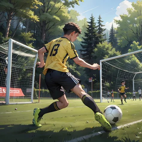 A boy is playing soccer，soccer court