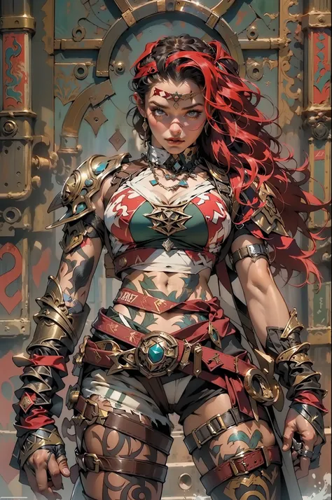 (((mulher))), (((melhor qualidade))), (((obra prima))), (((adulta))), Uma guerreira steampunk mulher de 35 anos com corpo perfeito, Brooklyn Gladiators, (( under boobs )), (((capuz vermelho))), quase nua no estilo selvagem urbano de Simon Bisley para a cap...