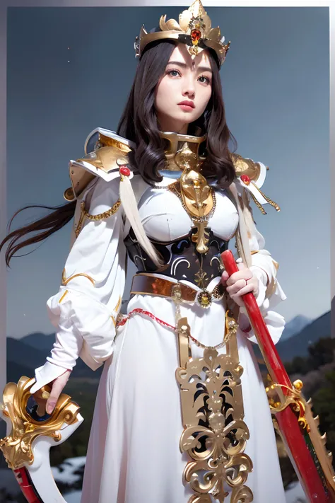 (masutepiece), Professional , ​masterpiece、top-quality、photos realistic , depth of fields ,（Wind element），tornado，Lightning，（Gemstone Silver Metal Body:1.９),(Matte White、 Gold Weapon_（Metal:1.４),Gorgeous metal weapons , Detailed Sword of the Brave , Beauti...