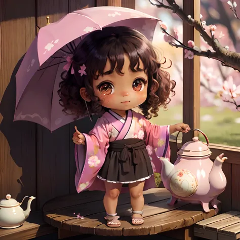 Cute brown skinned baby chibi anime, with freckles,purple and pink kimono, in a teapot, drink tea, curly black hair, in a frame, full body, wear sandals, swim in a teapot, cherry blossom