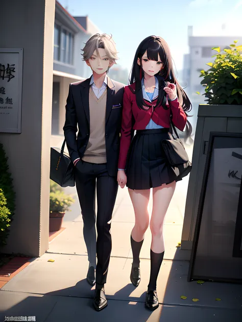 a couple， schools， 校服， doors， zaun， tmasterpiece， best quality at best， highly  detailed，full body photo