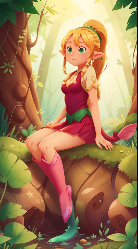 1girl,Blonde, ponytail hair, {elf}, girl, {green eyes}, leafa, mermaid pink human legs