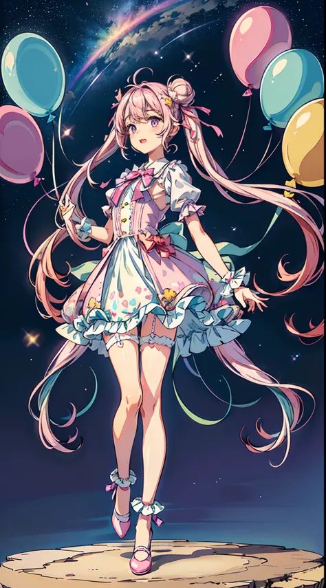 (fullbody, legs and shoes visible: 1.2)) expressive eyes, 1girl, pale skin, long hair, windblown hair, ((absurdly long hair)), long sidelocks, hime bangs, hair fringe, hair bun, ((very long twintails)), iridescent hair, light pink hair, blushing, full face...