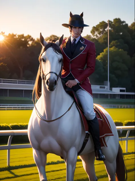 early morning sunrise，horse racing field，posh，splendid，On the field，A noble knight，Dignified appearance，well dressed，Riding a robust white steed，The beauties around them cast envious eyes，k hd，Camera photo