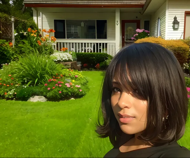 Arafed woman standing in front of a house with a flower garden, cabelo preto curto com franja, belos arredores, foto de perfil, bela vista, imagem de perfil, com cabelo curto com franja, Arredores exuberantes, com franja completa, com um gramado exuberante...