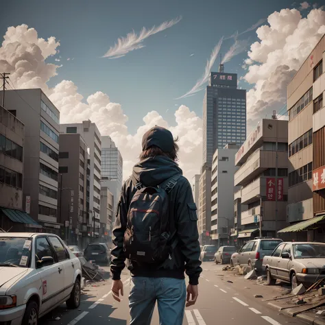 Theres a man walking down the street with a backpack, Post-apocalyptic Tokyo, Tokio futurista no fundo, set in post apocalyptic tokyo, Futuristic Tokyo in the background, in a post apocalyptic city, cinematic beeple, Cyberpunk Hiroshima, cyberpunk streets ...