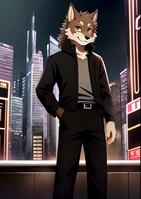 Brown wolf ， mammal， Humanity， male people， 独奏， garments， furred，black long pants， Sci-fi city background，Black pupils