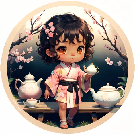 Cute brown skinned baby chibi anime, with freckles,white and pink kimono, in a teapot, drink tea, curly black hair, in a frame, full body, wear sandals, swim in a teapot, cherry blossom