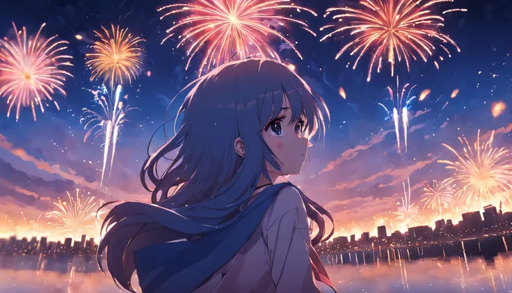 1girll，Fireworks in bloom，Colorful fireworks，fire works，daysies，Floating in the sky，brightly，cheerfulness，Warm and soft lighting，the sunset，Blue