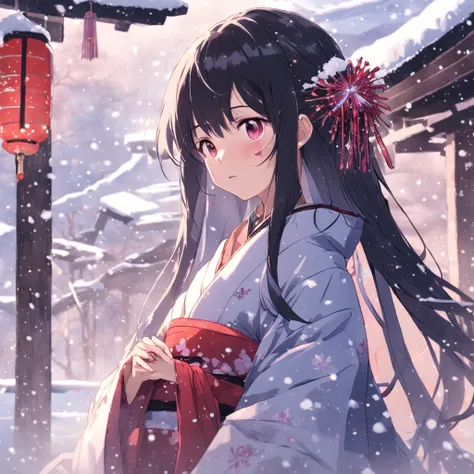 A beautiful woman with long black hair and a snow hair ornament and a yukata stands in the snow