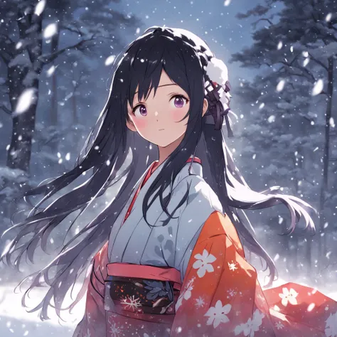 A beautiful woman with long black hair and a snow hair ornament and a yukata stands in the snow