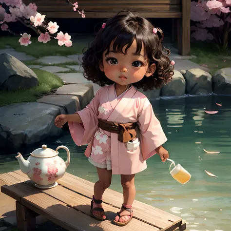 Cute brown skinned baby chibi anime, with freckles,white and pink kimono, in a teapot, drink tea, curly black hair, in a frame, full body, wear sandals, swim in a teapot, cherry blossom