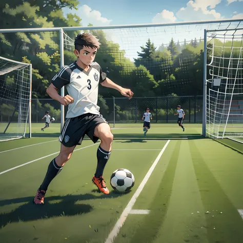 A boy is playing soccer，soccer court