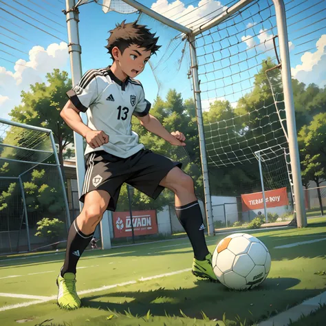 A boy is playing soccer，soccer court