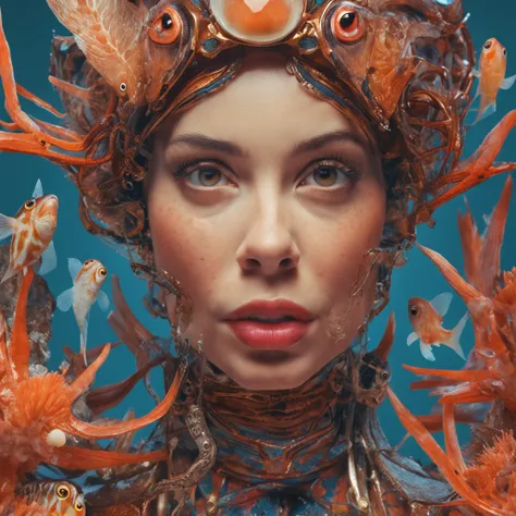 painting of a woman with a fish bowl on her head, best quality, sunlight, detailed face, gorgeous eyes, realistic skin details, high quality, seen from below, romantic, high quality, film grain, Cinematic Light, sidelighting, sharp focus