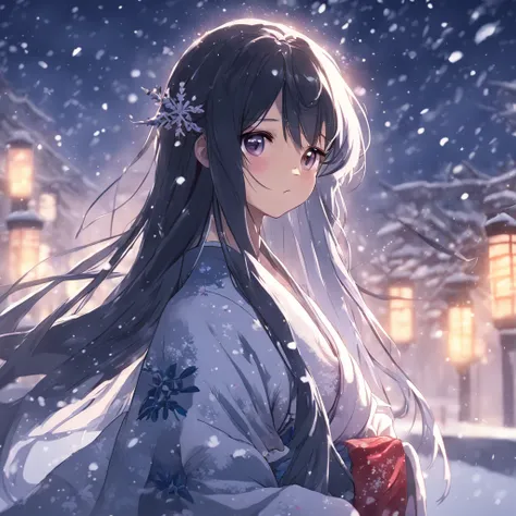 A beautiful woman with long black hair and a snow hair ornament and a yukata stands in the snow、Highly detailed background，Realistic，ultra-detailliert，super detailed skin，light glow，Film grain，Expro II，Lens Flare，Sharpen，cinematic shadow