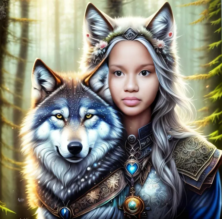 uma mulher com um lobo no ombro em uma floresta, female anthropomorphic wolf, retrato do lobo da fantasia, wolfgirl, companheiro lobo, Lobos e seus tesouros, Angiewolf, grande lobo, Directed by: Anne Stokes, arte de fantasia detalhada, awesome art, arte de...