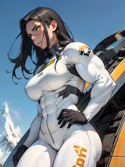 ((1 girl)), solo, black hair, extremely long hair, yellow eyes, (angry), pale skin, (((((((muscular))))))), ((thick thighs)), ((large breasts)), (((white pilot suit))), (((wide hips))), mountain range background, (shiny skin), close up