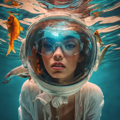 painting of a woman with a fish bowl on her head, best quality, sunlight, detailed face, gorgeous eyes, realistic skin details, high quality, seen from below, romantic, high quality, film grain, Cinematic Light, sidelighting, sharp focus