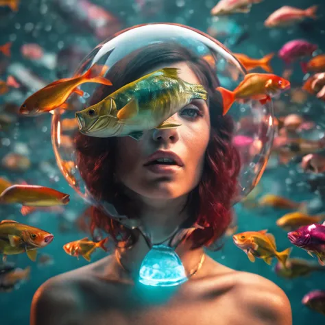 surreal, woman with a fish bowl on her head, best quality, sunlight, detailed face, gorgeous eyes, realistic skin details, high quality, seen from below, romantic, high quality, film grain, Cinematic Light, sidelighting, sharp focus