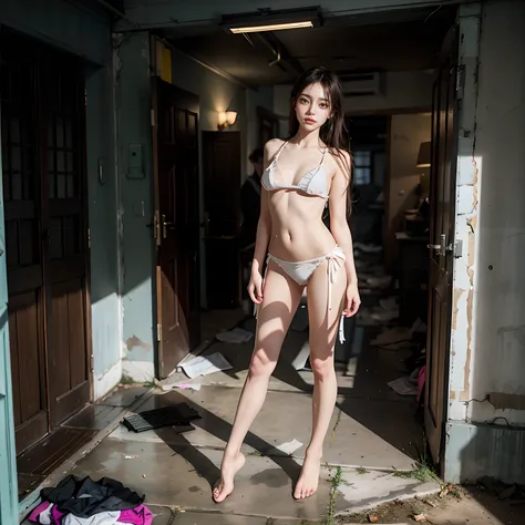 Highest image quality，best qualtiy，tmasterpiece，Abandoned schools，Dark at night，There are no lights，Dimly lit，dreads，fearsome，worried，Fearful，Sexy standing pose，full-body portraits，18-year-old Korean beautiful girl，Behind him is a group of ugly men1.1，NSFW...