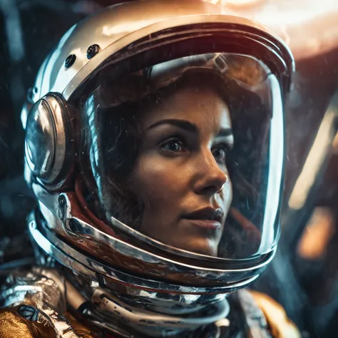 (Adult Spanish woman:1.6), (astronaut suit, wet hair, fish in a helmet:1.3), best quality, sunlight, detailed face, gorgeous eyes, realistic skin details, high quality, seen from below, romantic, high quality, film grain, Cinematic Light, sidelighting, sha...