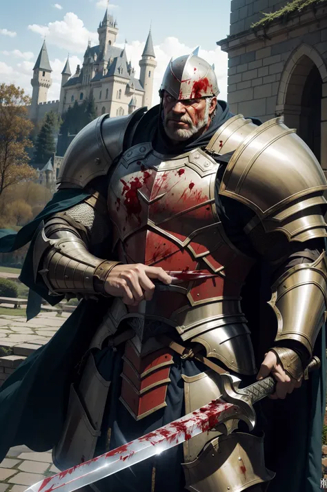 old man knight, armored, castle background, muscular, wearing armor, blood in armor, blood on face, broken armor, great sword