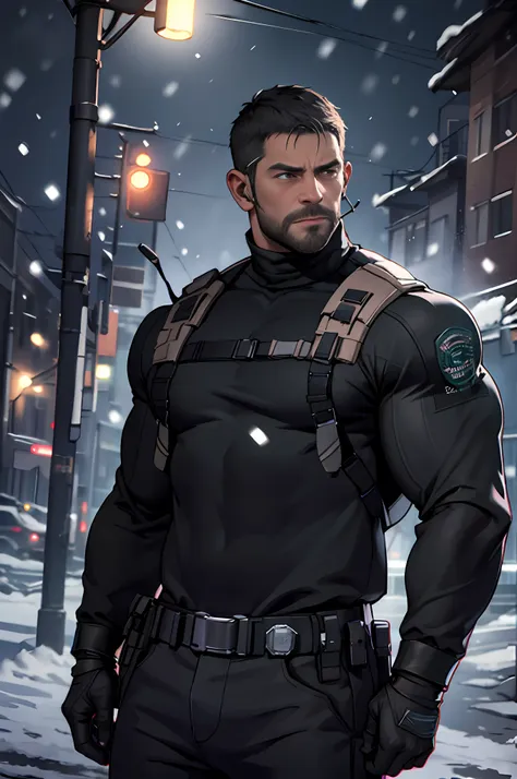 dark gothic village in the background, old chris redfield from resident evil 8, 48 year old, muscular male, tall and hunk, bicep...