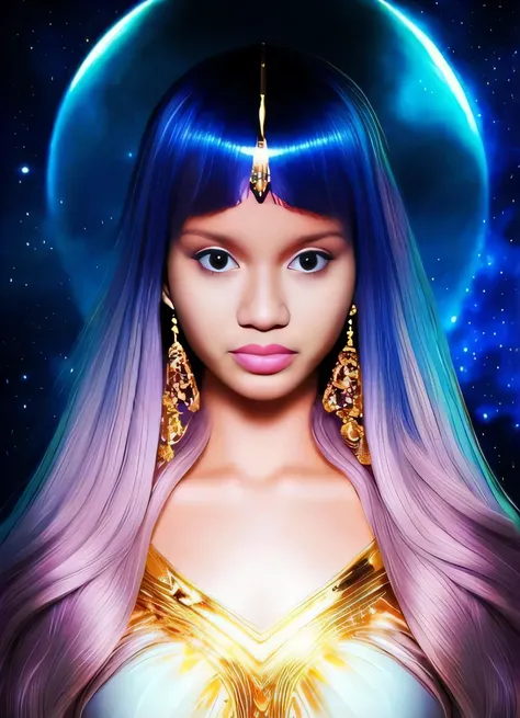 A woman with long purple hair and a blue hat, Your hair is from the Milky Way, portrait of a cosmic goddess, Ariana Grande em Star Wars, ariana grande as a mermaid, cosmic goddess, aesthetic!!!!!! female genie, alien princess, cosmic girl, princess interga...