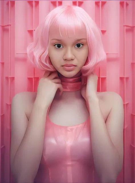 Theres a woman with pink hair posing for a photo, menina cor-de-rosa, rosa pastel, Pele rosa, tom de pele rosa pastel, corpo chiclete, cara rosa, cabelo chiclete, rosa pastel, menina bonito com cabelo rosa curto, algum rosa, com cabelo rosa, corpo rosa, pe...