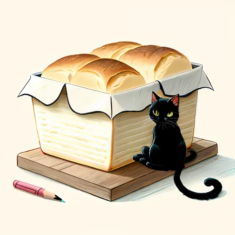 A loaf of bread，A black cat，A golden cat，Happy first anniversary to the bakery，Illustration style，Simple pencil drawing，Bread elements，illustration