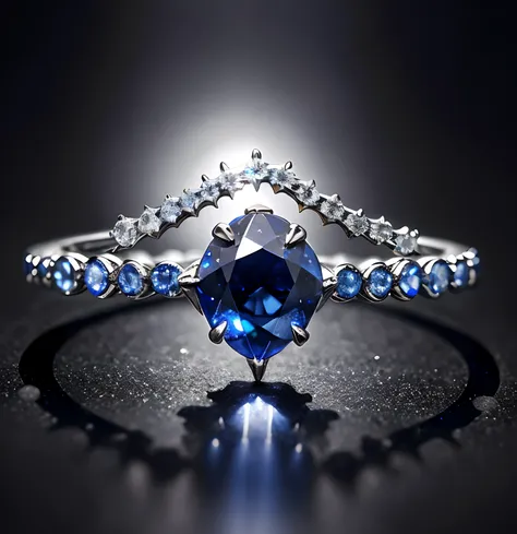 Blue diamond jewelry close-up，It is crowned at the top，Sapphire headdress and silver accents，Jewelry carved from precious sapphires，Sparkling sapphire diamond，Blue diamond crown，Crown decorated with blue gears and diamonds，Sparkling dark jewelry，Sapphire，G...