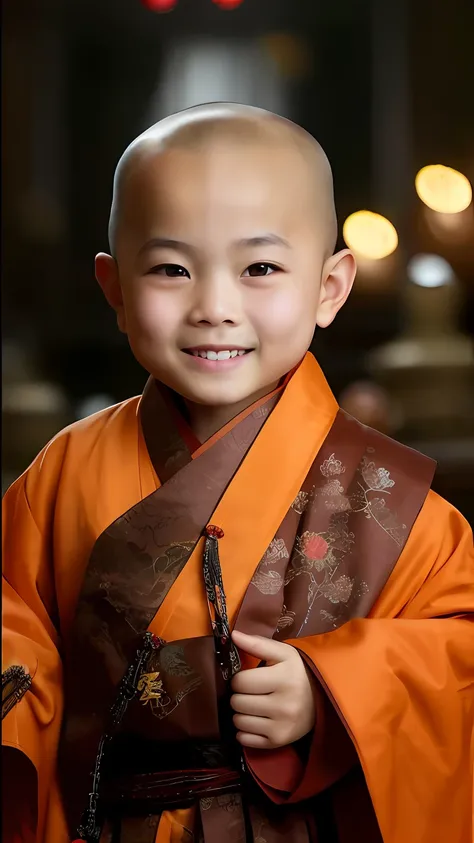 A child in a monks robe smiles at the camera, monk clothes, wearing brown robes, Traditional Chinese clothing, buddhist monk, portrait of monk, monk, Buddhist, ruan jia beautiful!, Chinese traditional, Portrait shooting, brown robe, Chinese costume, Cute b...