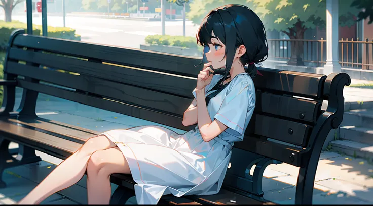 A lovelorn girl sits on a bench