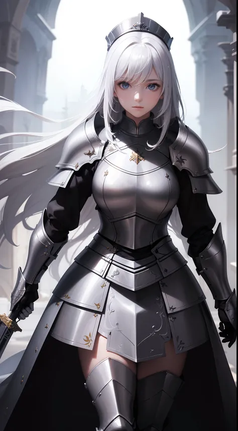 ((Masterpiece)), (((Best quality))), ((Ultra-detailed)), ((illustration)),[realism light effect],black shadows,A female knight，Armour，(Holy Gun:1.2)，Noble，Shine brightly，(white backgrounid:1.5)