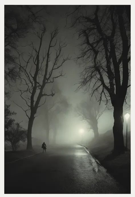 "Create an image of a nighttime landscape featuring a spooky road illuminated by faintly yellowed streetlights, with twisted trees and an eerie fog gathering around. Convey a sense of mystery and suspense, with shifting shadows and an indistinct figure in ...