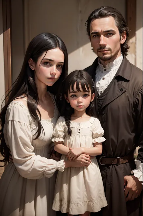 photo of a American family, man, woman with dark hair, two children, from the 1600s