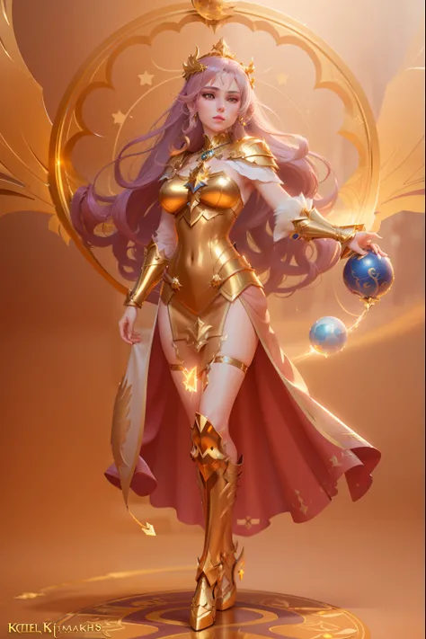 full body of a woman in a gold outfit holding a ball, 3 d render character art 8 k, epic exquisite character art, cushart krenz key art feminine, hyperdetailed fantasy character, stunning character art, knights of zodiac girl, beautiful celestial mage, god...