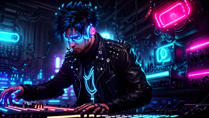 a blue punk man ((neon)) with spiky hair and a leather jacket, djing, in the blueap style, realistic,neon ring in background, ul...