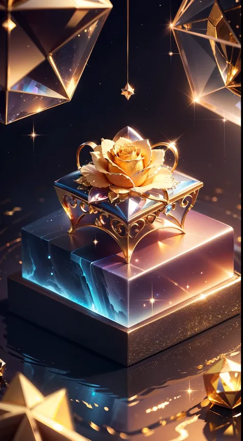 isometric design，A rose made of gold and diamonds，Twinkle，Suspended on one side of the lake，There are rainbows and starlight in the sky，mini sence，adolable，dream magical，Incredibly detailed background，Detailed items，brightened light