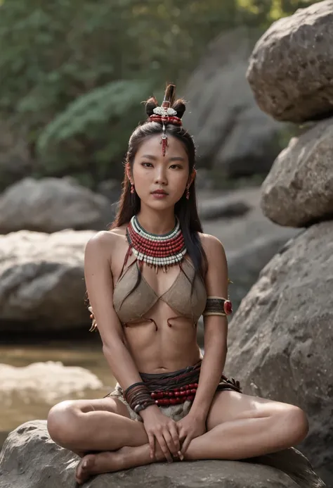 1 east asian tribal girl, wearing tribal accessories,  sitting down on rock and open leg wide, nsfw, front view, bathing in river, show vaginal, full body visible, ((uncensored))), RAW, 8k, hard light, realistic skin texture, (((photorealism))), masterpiec...