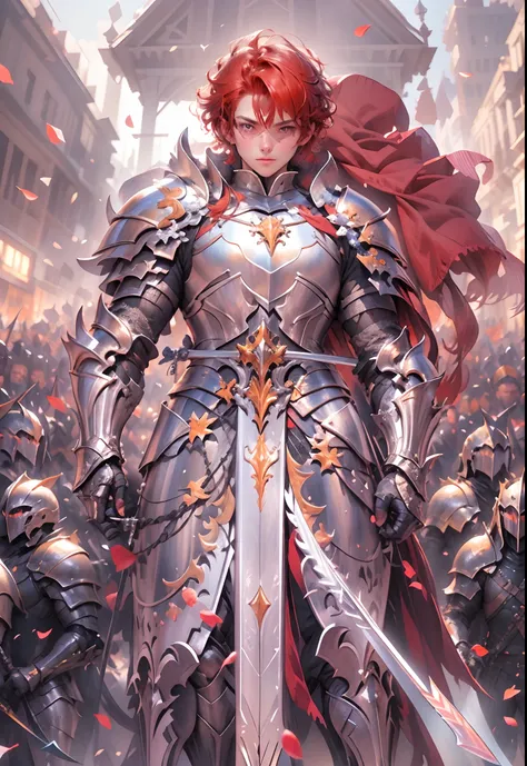 masterpiece, best quality, mid shot, Trapezoid, front view, concept art, 1male, (heavy royal knight, heavy shield, holding great sword, handsome, short red hair), standing, thousand swords in the background, unlimited blade works inspired, intricate, Fanta...