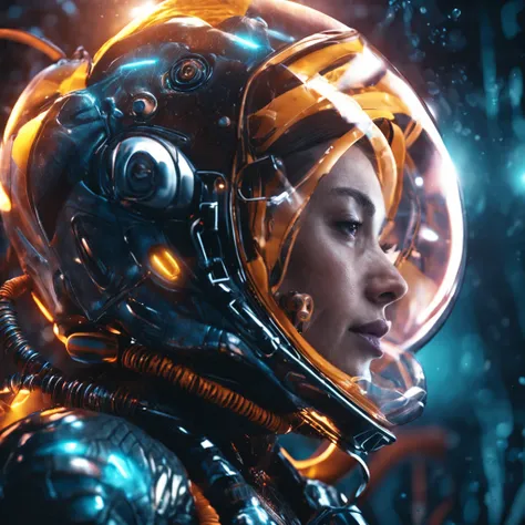 woman in an underwater spacesuit, Beautiful Bioluminescent Creatures on black bacground, best quality, sunlight, detailed face, gorgeous eyes, realistic skin details, high quality, seen from below, romantic, high quality, film grain, Cinematic Light, sidel...